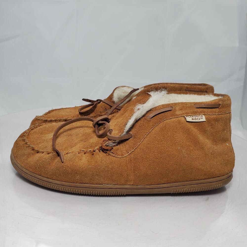 Plymouth Mocs Merino Wool Lined Slippers Women 9 Brown Suede Moccasin Bootie